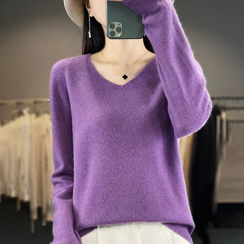 Women 100% Merino Wool Sweater V - Neck Basic Pullover Autumn Winter Cashmere Clothing Long Sleeve Soft Knitwear Tops Solid Color - Beauty