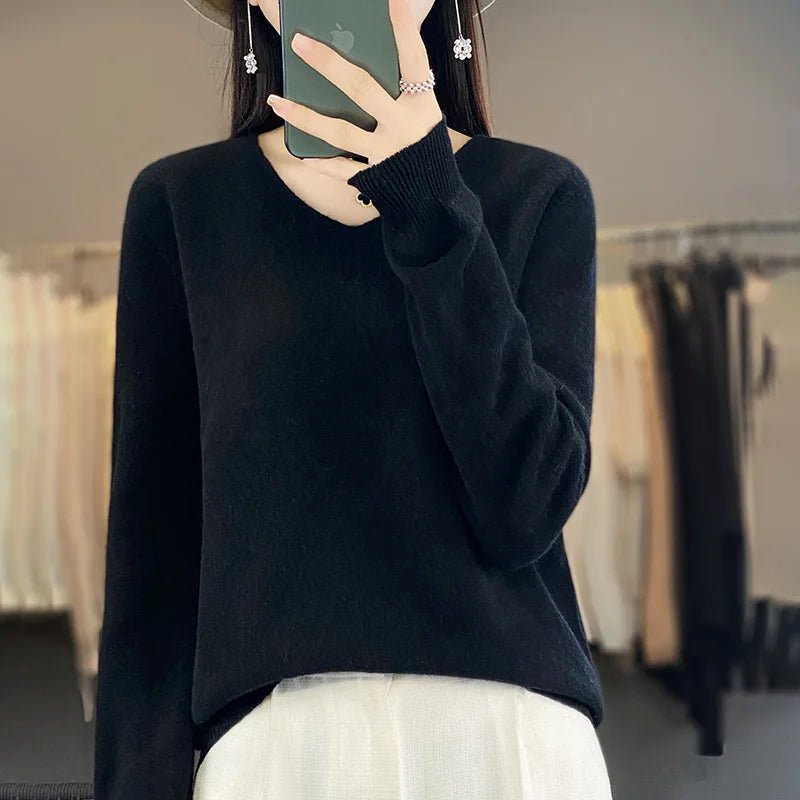 Women 100% Merino Wool Sweater V - Neck Basic Pullover Autumn Winter Cashmere Clothing Long Sleeve Soft Knitwear Tops Solid Color - Beauty