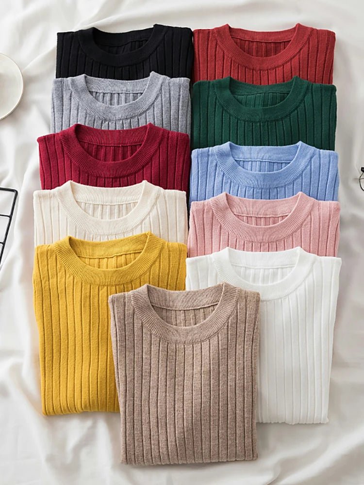 Women Pullovers Sweaters Knit Soft Jumper tops New Autumn Winter Tops O - Neck Ribbed Long Sleeve Korean Slim - fit Female Sweater - Beauty