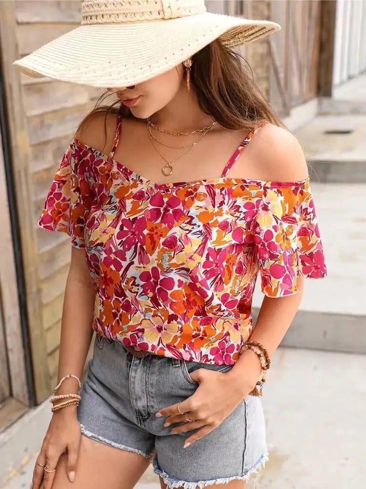 Women's Blouse Spring Summer Colorful Floral Print Off Shoulder Thin Strap Ruffled Short Sleeve Vibrant Stylish Daily Casual Top - Beauty