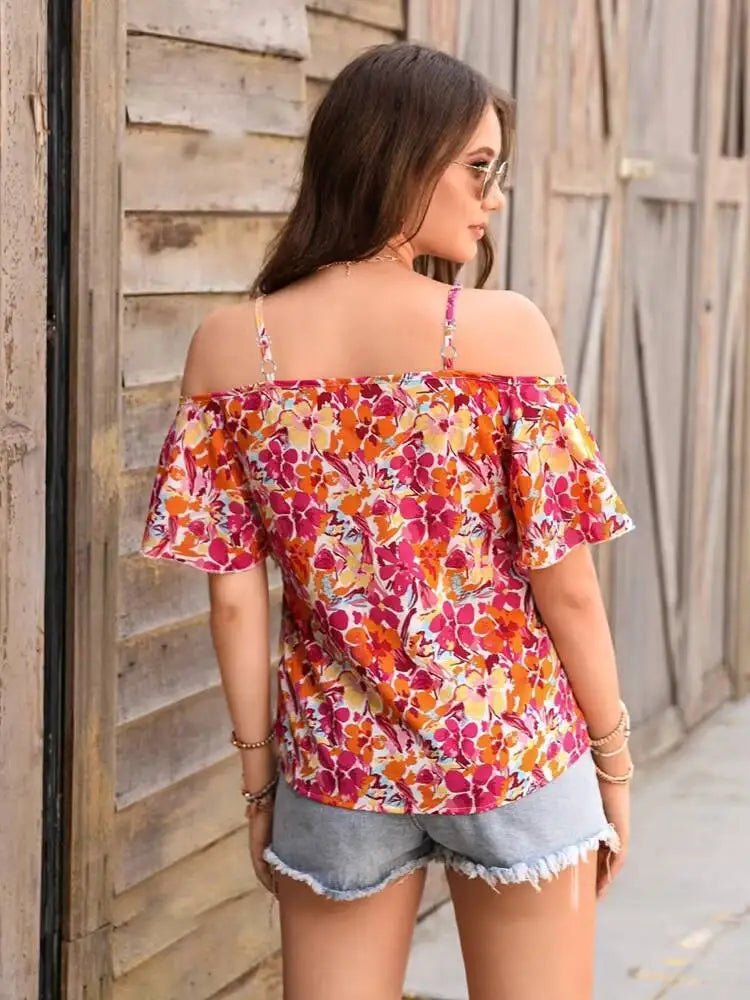 Women's Blouse Spring Summer Colorful Floral Print Off Shoulder Thin Strap Ruffled Short Sleeve Vibrant Stylish Daily Casual Top - Beauty