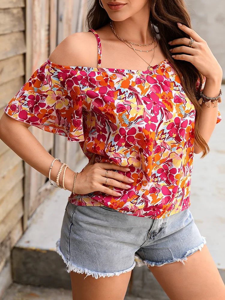 Women's Blouse Spring Summer Colorful Floral Print Off Shoulder Thin Strap Ruffled Short Sleeve Vibrant Stylish Daily Casual Top - Beauty