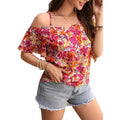 Women's Blouse Spring Summer Colorful Floral Print Off Shoulder Thin Strap Ruffled Short Sleeve Vibrant Stylish Daily Casual Top - Beauty
