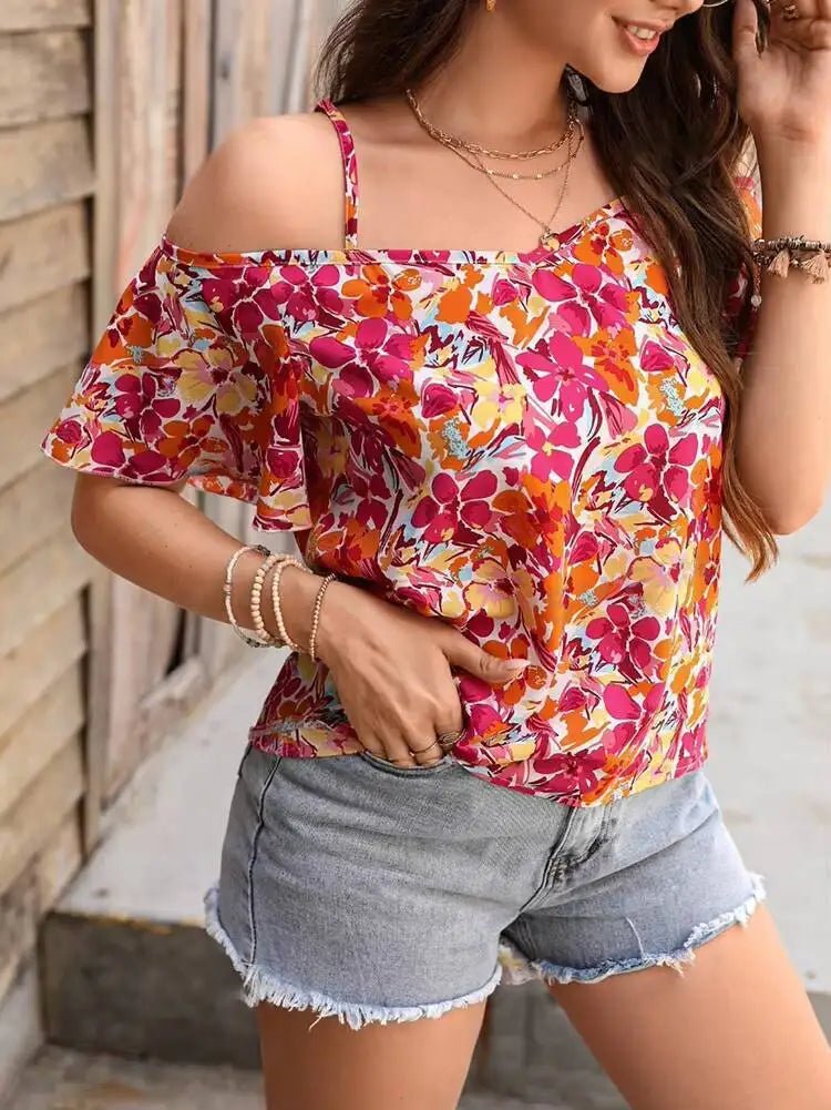 Women's Blouse Spring Summer Colorful Floral Print Off Shoulder Thin Strap Ruffled Short Sleeve Vibrant Stylish Daily Casual Top - Beauty