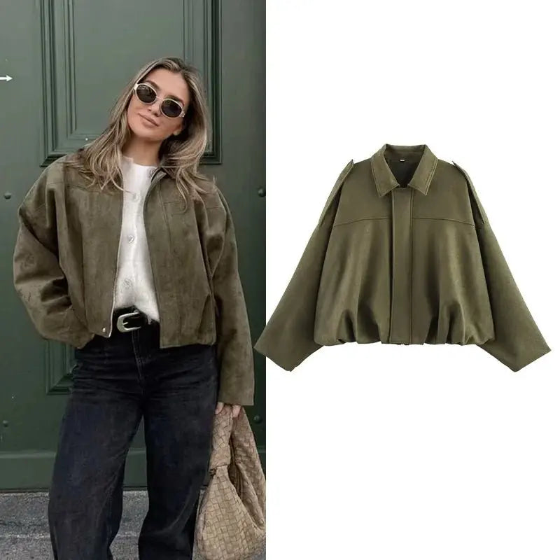 Women's Bomber Jackets Coats Fashion Turn - down Collar Long Sleeve Loose Coats Vintage Female Outerwear Chic Tops - Beauty