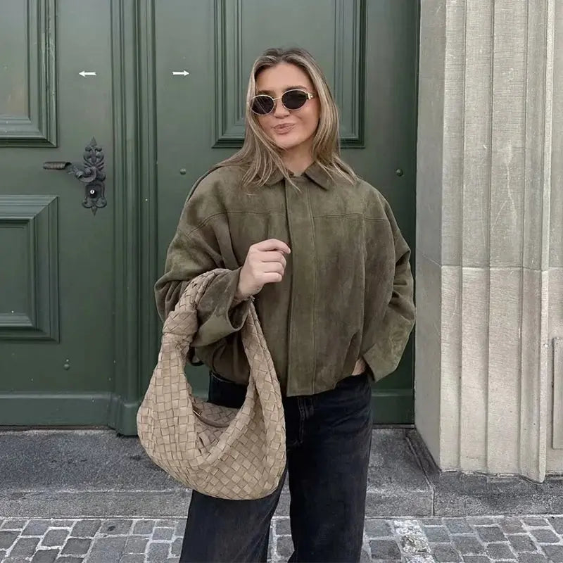 Women's Bomber Jackets Coats Fashion Turn - down Collar Long Sleeve Loose Coats Vintage Female Outerwear Chic Tops - Beauty
