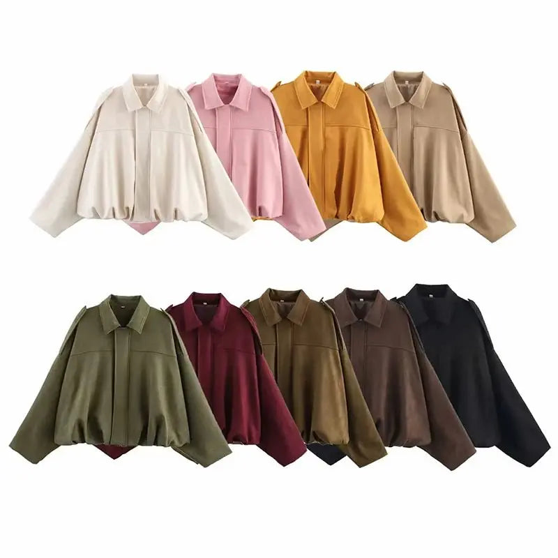 Women's Bomber Jackets Coats Fashion Turn - down Collar Long Sleeve Loose Coats Vintage Female Outerwear Chic Tops - Beauty