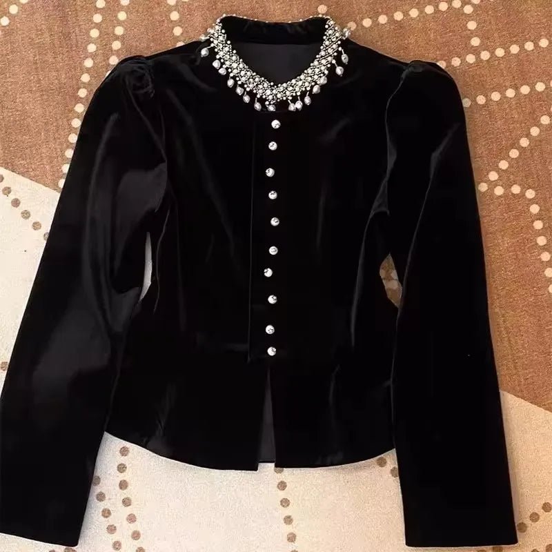 Women's Golden Velvet Blouse 2025 Autumn Winter Solid Color Heavy Industry Ladies Tops Fashion Long Sleeve Lady Slim Shirt - Beauty