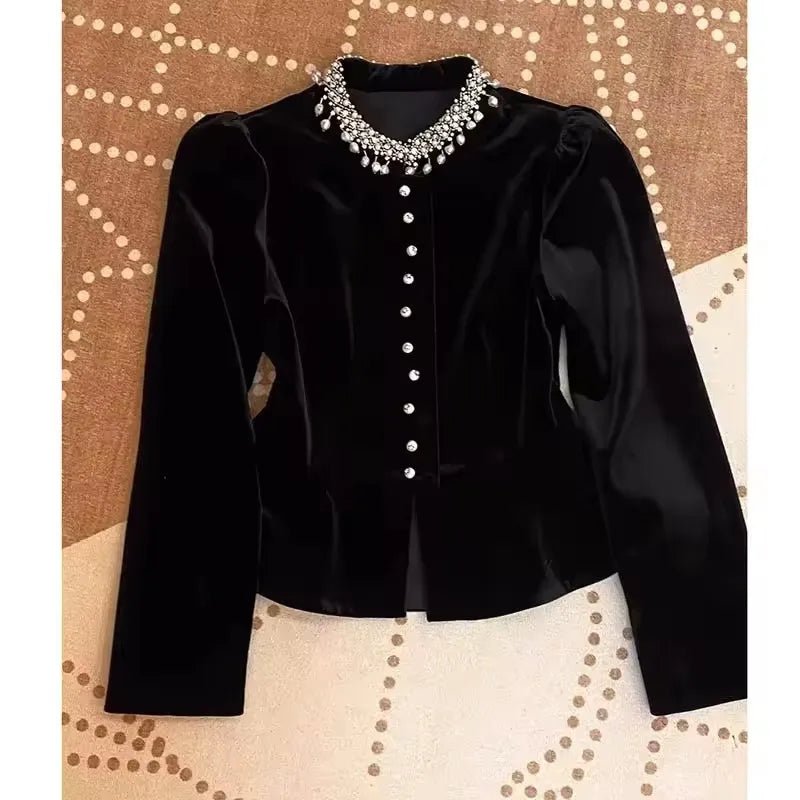 Women's Golden Velvet Blouse 2025 Autumn Winter Solid Color Heavy Industry Ladies Tops Fashion Long Sleeve Lady Slim Shirt - Beauty