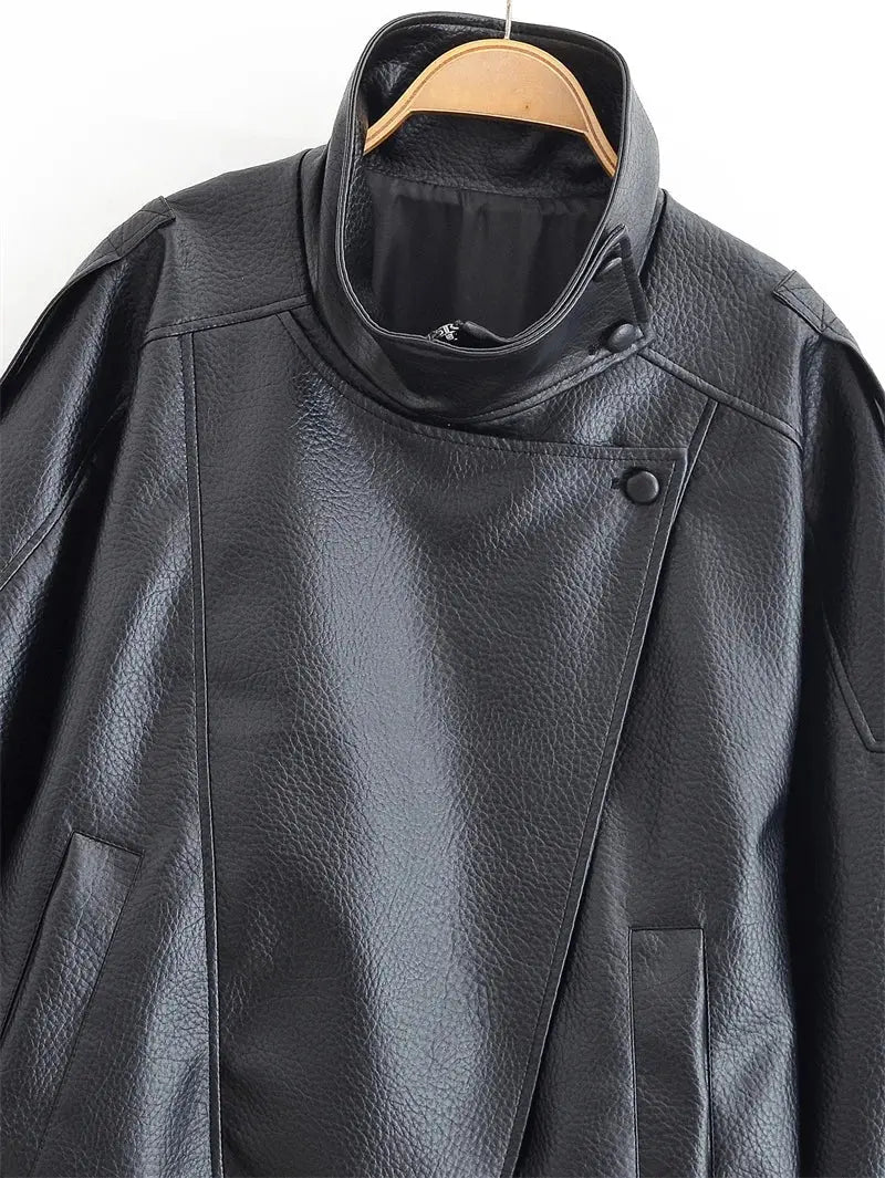Women's Jacket Fall 2025 New Black Long Sleeve Pebble Faux Leather Jacket Motorcycle Style Personality Fashion - Beauty