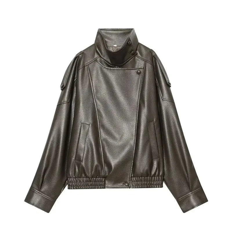 Women's Jacket Fall 2025 New Black Long Sleeve Pebble Faux Leather Jacket Motorcycle Style Personality Fashion - Beauty