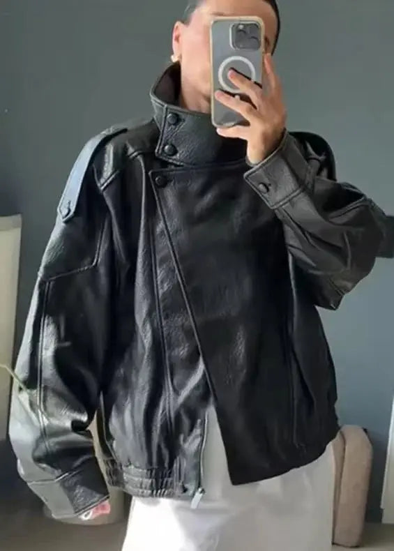 Women's Jacket Fall 2025 New Black Long Sleeve Pebble Faux Leather Jacket Motorcycle Style Personality Fashion - Beauty