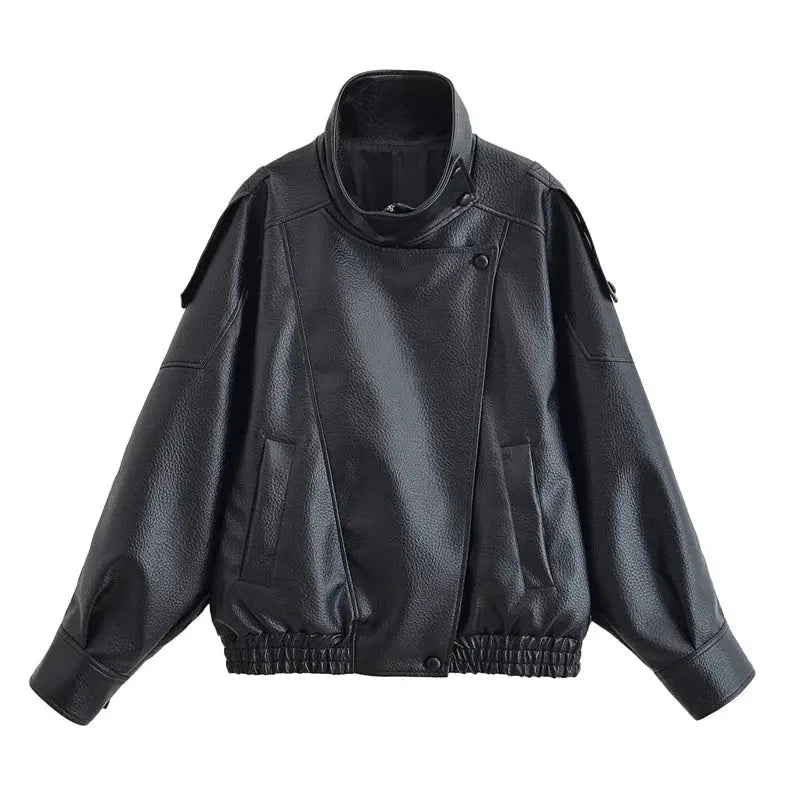 Women's Jacket Fall 2025 New Black Long Sleeve Pebble Faux Leather Jacket Motorcycle Style Personality Fashion - Beauty