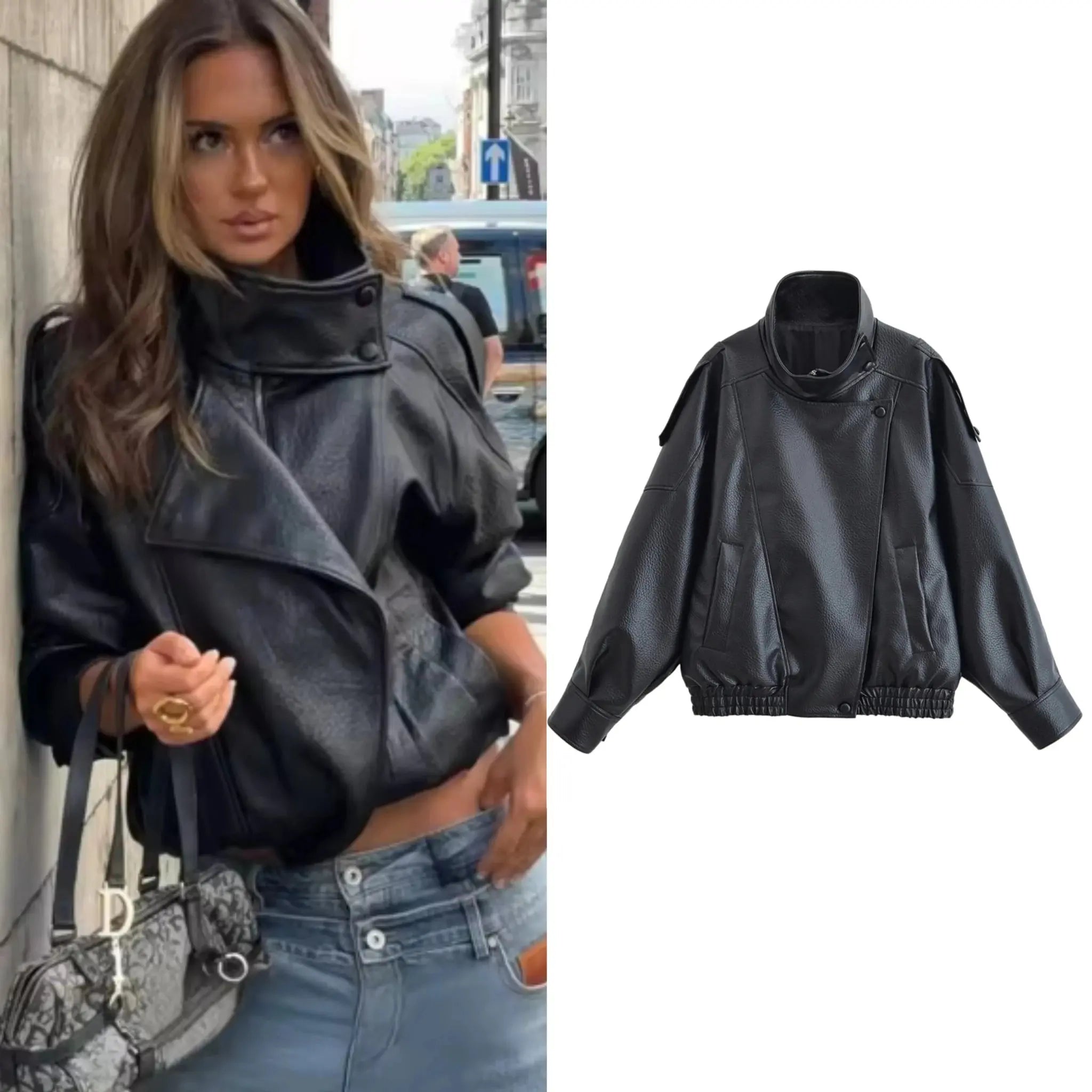 Women's Jacket Fall 2025 New Black Long Sleeve Pebble Faux Leather Jacket Motorcycle Style Personality Fashion - Beauty
