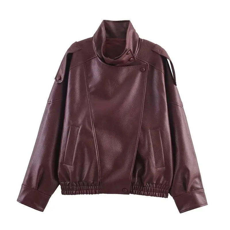 Women's Jacket Fall 2025 New Black Long Sleeve Pebble Faux Leather Jacket Motorcycle Style Personality Fashion - Beauty