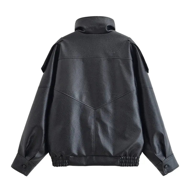 Women's Jacket Fall 2025 New Black Long Sleeve Pebble Faux Leather Jacket Motorcycle Style Personality Fashion - Beauty