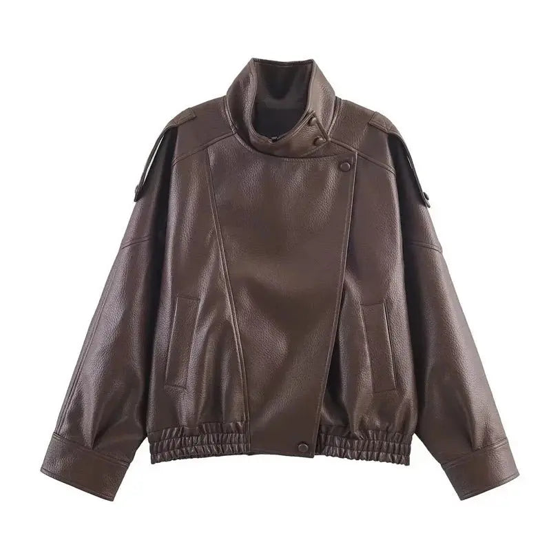Women's Jacket Fall 2025 New Black Long Sleeve Pebble Faux Leather Jacket Motorcycle Style Personality Fashion - Beauty