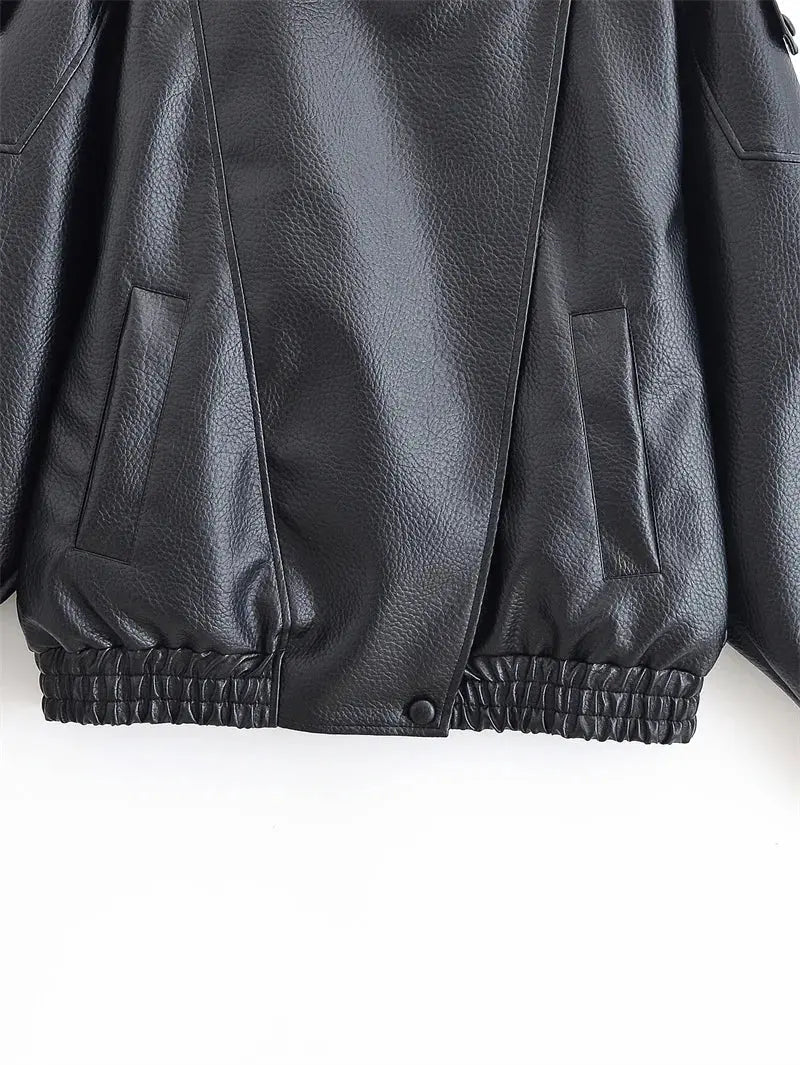 Women's Jacket Fall 2025 New Black Long Sleeve Pebble Faux Leather Jacket Motorcycle Style Personality Fashion - Beauty