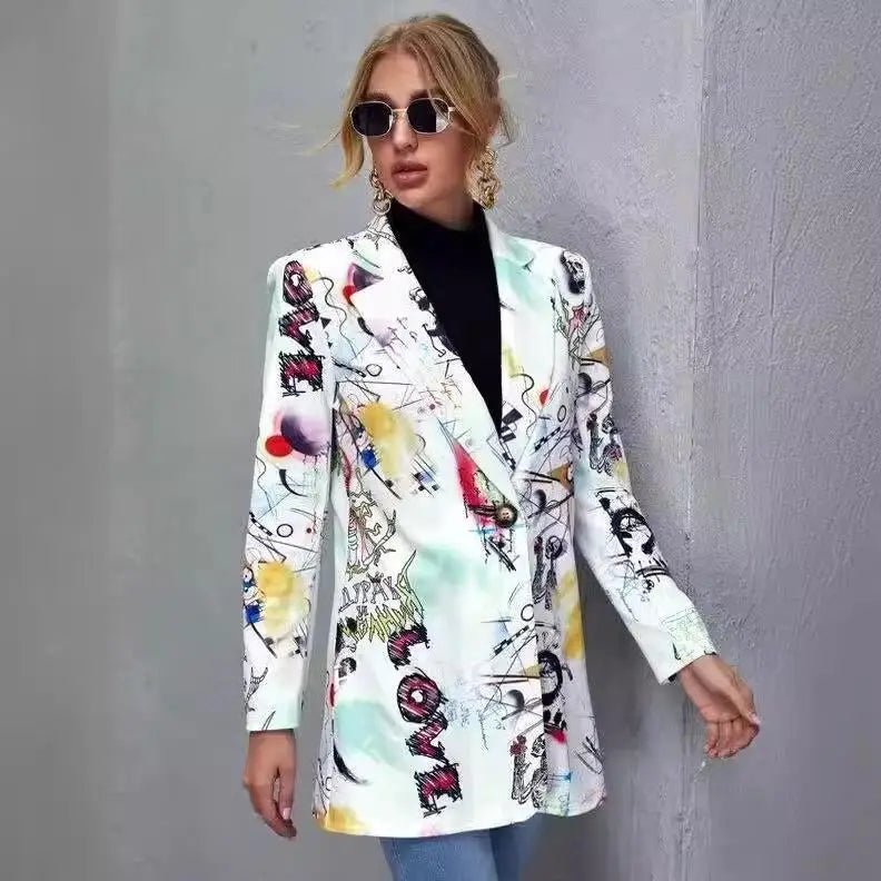Women's Printed Suit Jaet Medium Thi Long Sve Formal Sle Polyester Fiber Medium Weight Spring Season Suitable for Mi... - Beauty