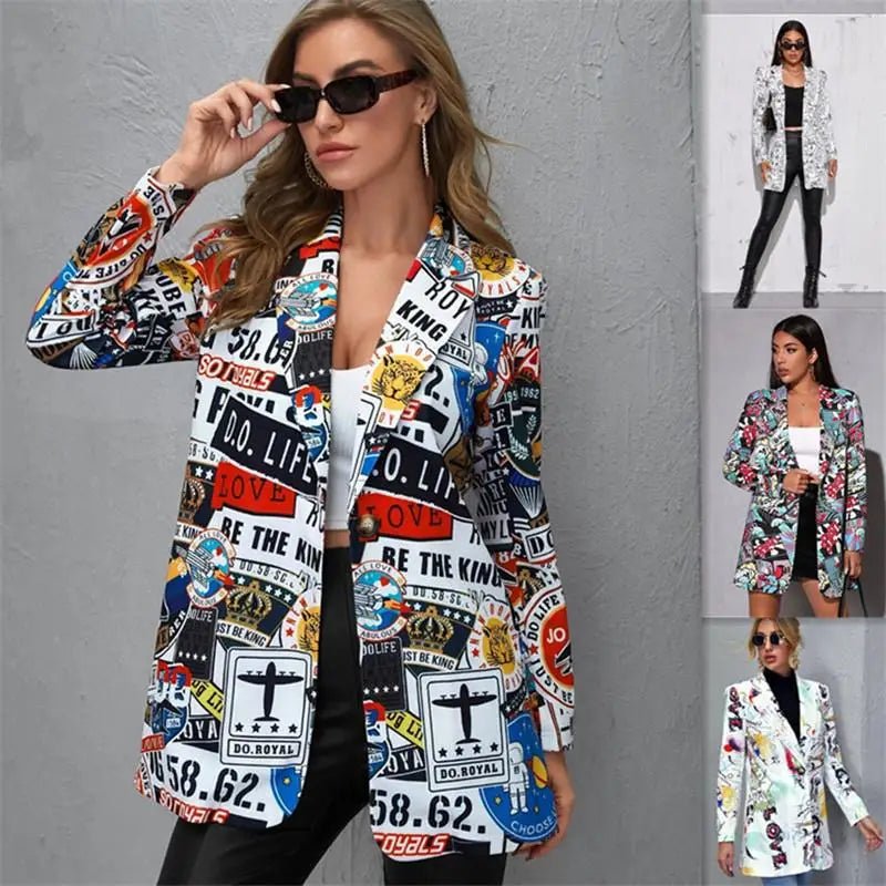 Women's Printed Suit Jaet Medium Thi Long Sve Formal Sle Polyester Fiber Medium Weight Spring Season Suitable for Mi... - Beauty