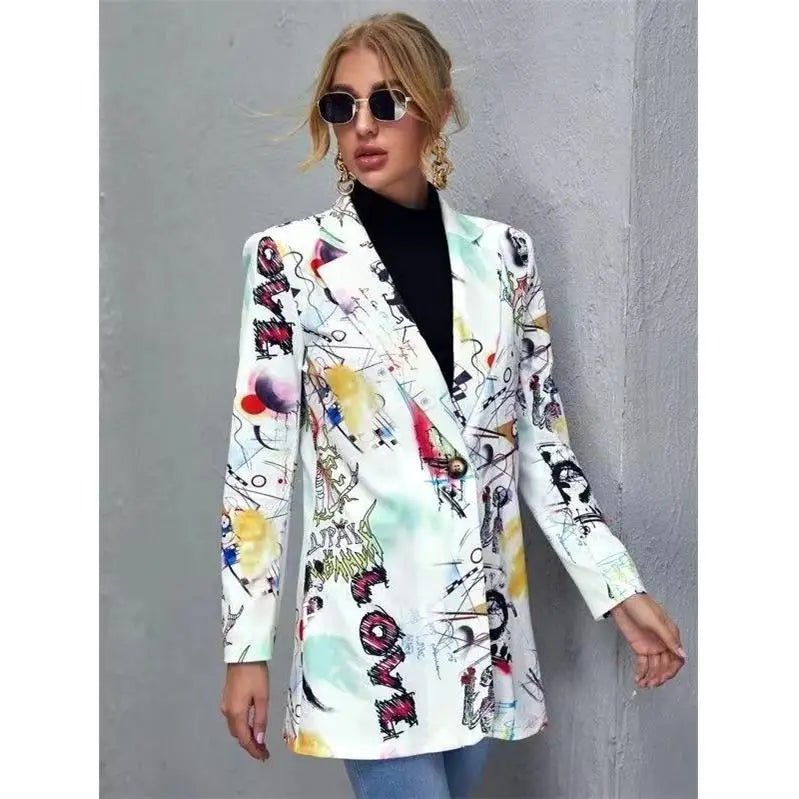 Women's Printed Suit Jaet Medium Thi Long Sve Formal Sle Polyester Fiber Medium Weight Spring Season Suitable for Mi... - Beauty