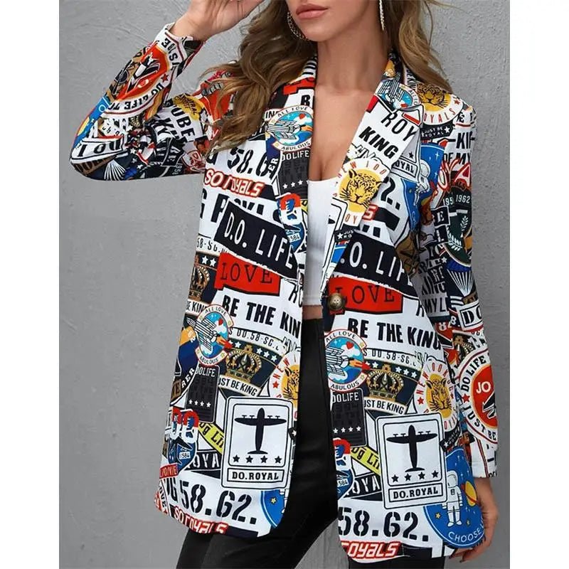 Women's Printed Suit Jaet Medium Thi Long Sve Formal Sle Polyester Fiber Medium Weight Spring Season Suitable for Mi... - Beauty