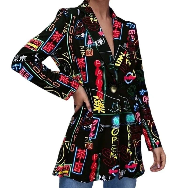 Women's Printed Suit Jaet Medium Thi Long Sve Formal Sle Polyester Fiber Medium Weight Spring Season Suitable for Mi... - Beauty