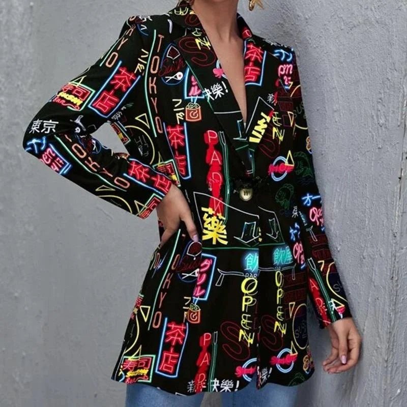 Women's Printed Suit Jaet Medium Thi Long Sve Formal Sle Polyester Fiber Medium Weight Spring Season Suitable for Mi... - Beauty