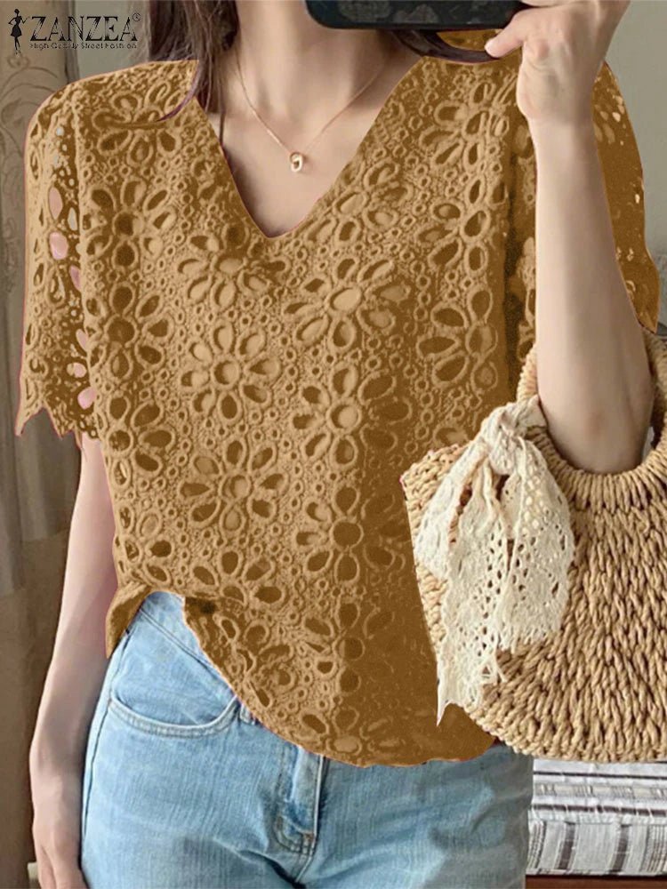 ZANZEA Summer Fashion Embroidered Openwork Blouses Women Casual V - Neck Short Sleeve Hollow Out Lace Blusas Mujer Solid Chemises - Beauty
